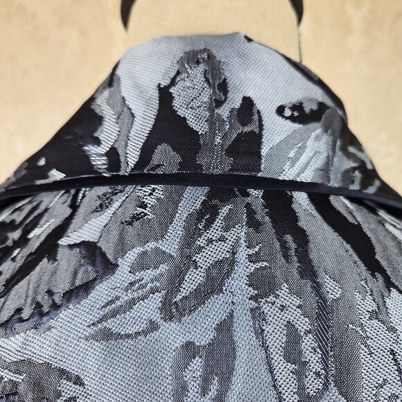 Chico’s Size 2 (12/14) Blue Jacquard Metallic Open Front Long Jacket Rolled Cuff - Picture 9 of 13